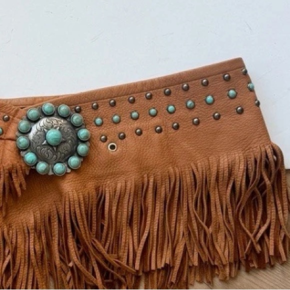 Patricia Wolf wide leather fringe belt studs turquoise concho RTL $250 L NWOT - Picture 8 of 9
